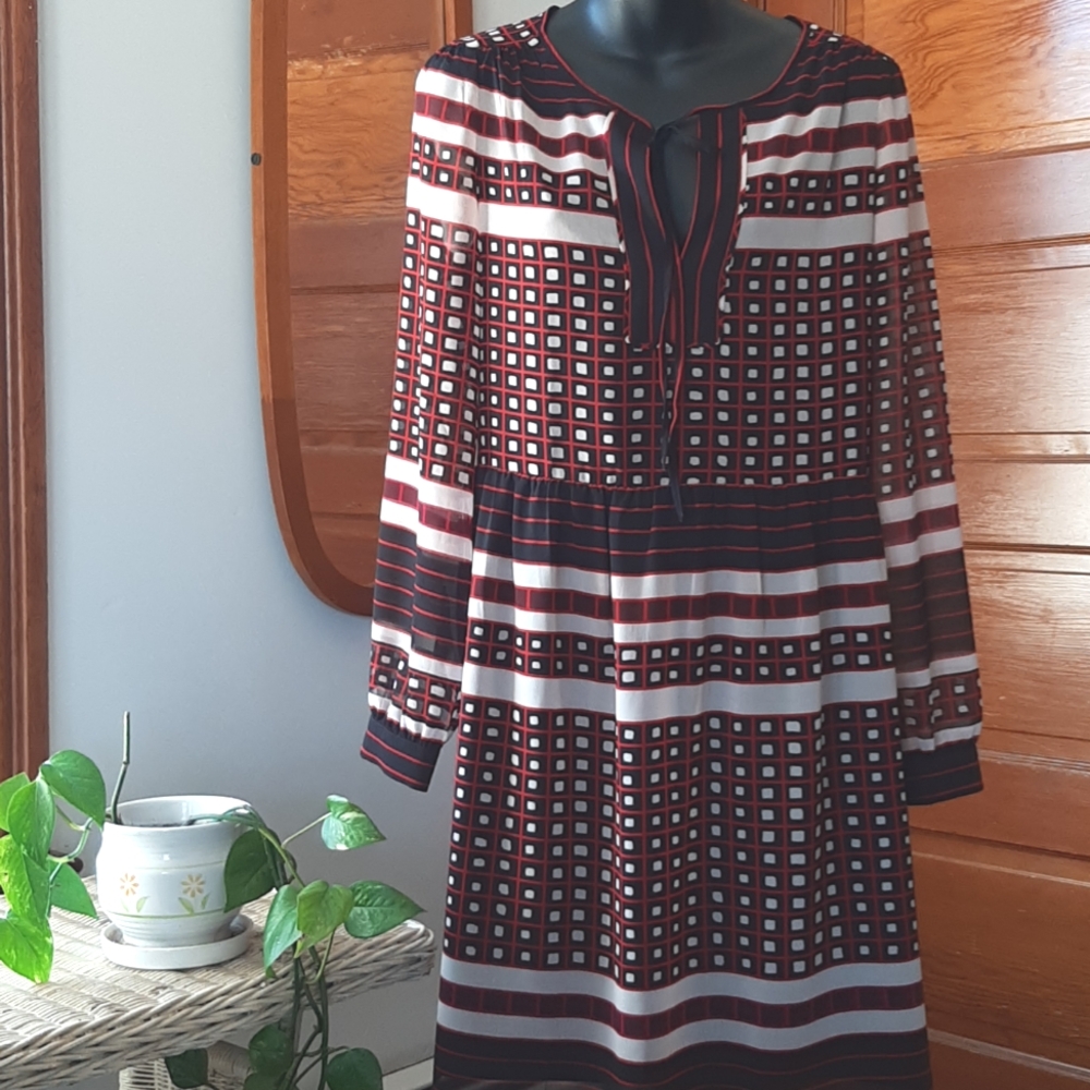 Loft Pretty Red/ Black/ Ivory Chiffon Dress Medium